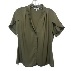 Calvin Klein Blouse Women's Size L Green V-Neck Short Sleeve Casual Career